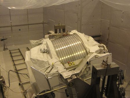 The Alpha Magnetic Spectrometer being tested at CERN by being exposed to a beam of positrons.
