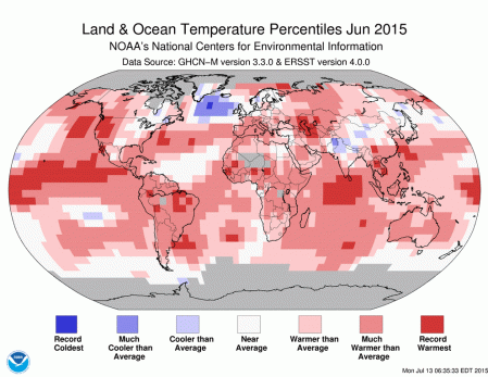 Map of the world showing regions that in June 2015  were warmer or cooler than they 'normally' are. Dark red shows record warm regions. Source NCDC - see text for link. Click image for a larger version.