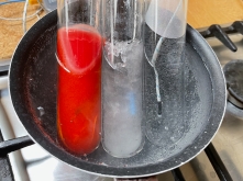 Click Image for a larger version. Samples of Wax, Sodium Acetate Trihydrate and Water being heated. Notice the thermocouples.